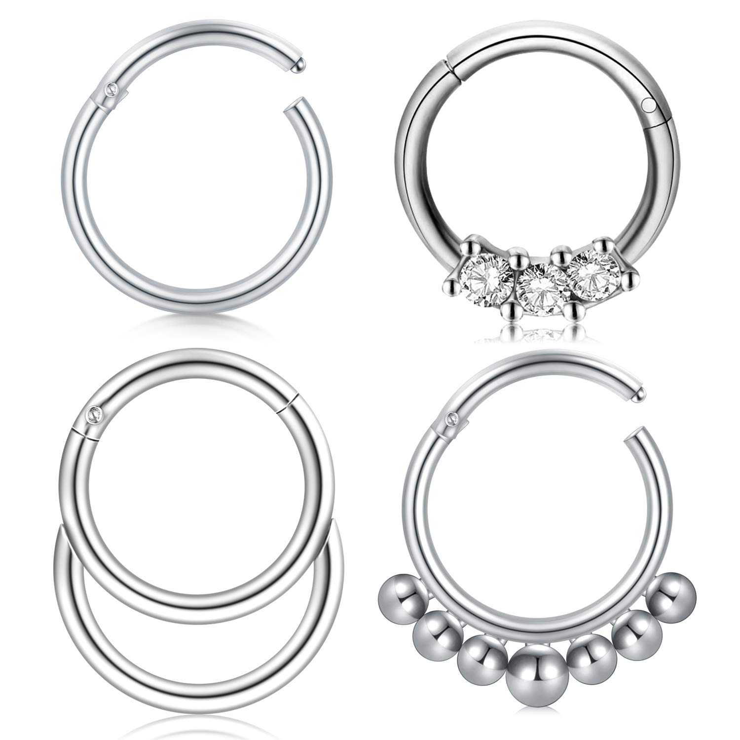 Mayhoop 4PCS Septum Nose Rings Hoop 16G Surgical Steel Clicker Ring Cartilage Tragus Helix Earrings Hoop Ring Piercing Jewelry Diameter 8MM Silver Set