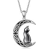 JZMSJF S925 Sterling Silver Celtic Knot Moon Black Cat Pendant Necklace Cute Animal Jewelry for Women Friends Animals Lover