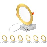 ZYC recessed Lighting 6 inch - 12W 1100LM High Brightness,5CCT 2700K/3000K/3500K/4000K/5000K Selectable,Ultra-Thin LED Recessed Ceiling Light,Dimmable Canless Wafer Downlight,Pack of 6 Gold.