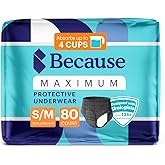 Because Premium Maximum Absorbency Adult Incontinence and Postpartum Bladder Leak Underwear for Women, Heavy Absorbency, Disposable, Black, Small/Medium, 80 Count (4 Packs of 20)