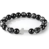Cross Bead Bracelet for Men, 10mm Natural Stone, Adjustable Elastic Christian Bracelet, Gift for Christmas, Anniversary, Thanksgiving, Howlite/Map Stone/Blue Vein/Snowflake Obsidian/Black Agate/Tiger eye/Hematite