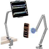 OMOTON Tablet Stand for iPad with 360&deg; Rotation, GH04 Aluminum Alloy Long Arm Phone Mount with Magnetic Phone Head &amp; Plastic Tablet Clamp, Adjustable Holder for 4-13" iPad Pro/iPhone, Grey