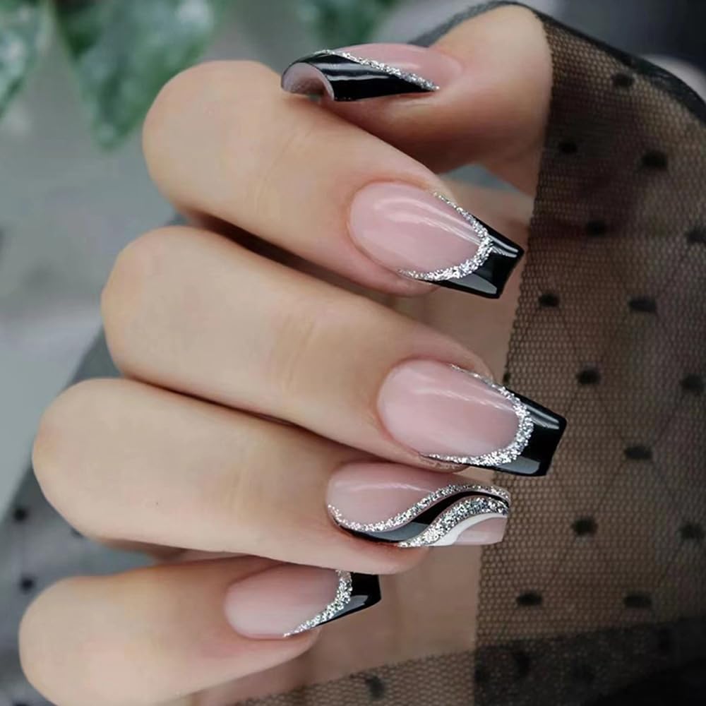 ANDGING French Tip Press on Nails Coffin Short Medium Black Fake Nails with Glitter Curved Line Design Glue on Nails for Women Acrylic Gel Stick on Nails with Glue False Nails for Wedding Birthday K6