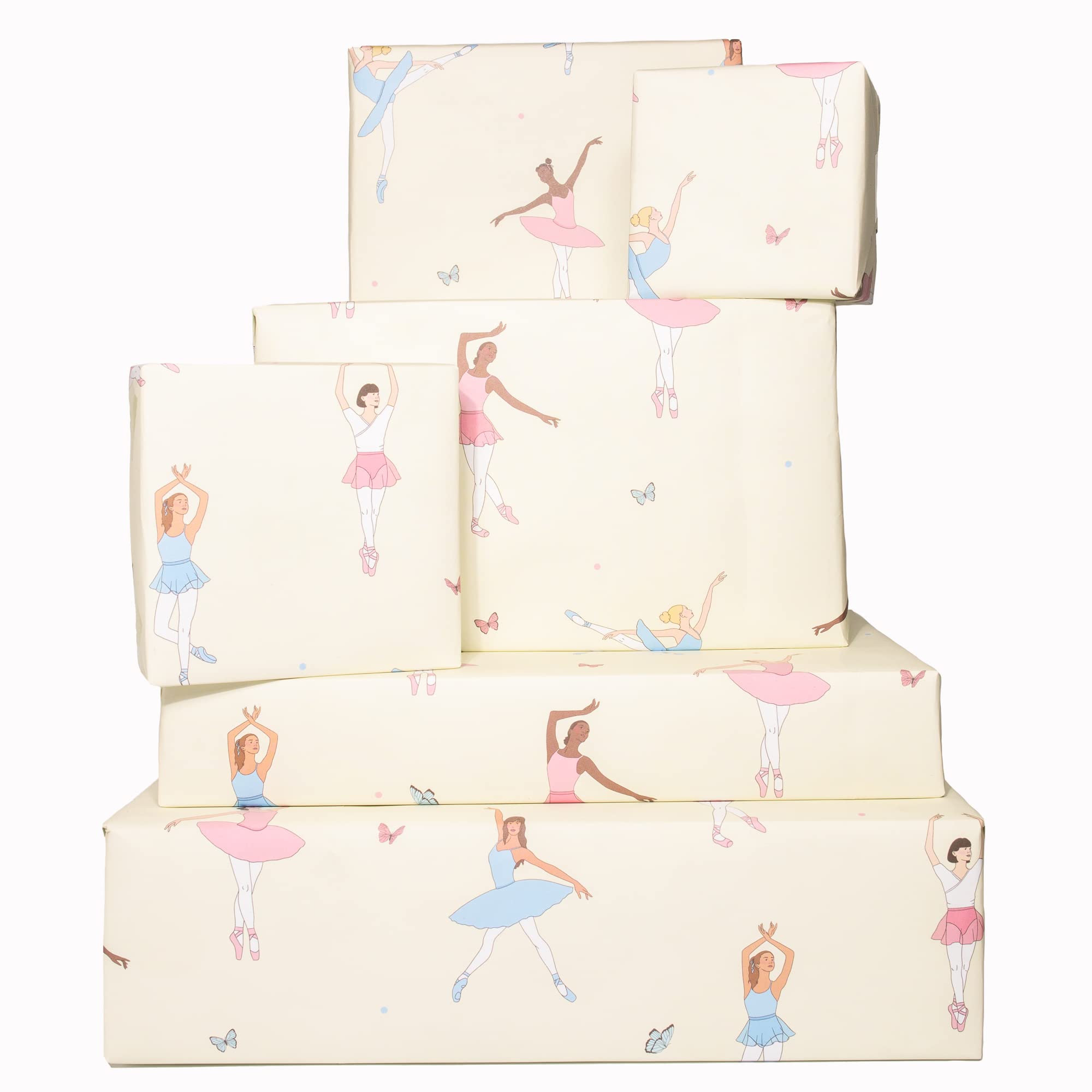 Central 23 - Ballerina Gift Wrap - 6 Sheets of Cute Wrapping Paper for Girls - Pink Blue Birthday Giftwrap - Pastel Butterflies for Kids - Pretty Ballet Dancers - For Women