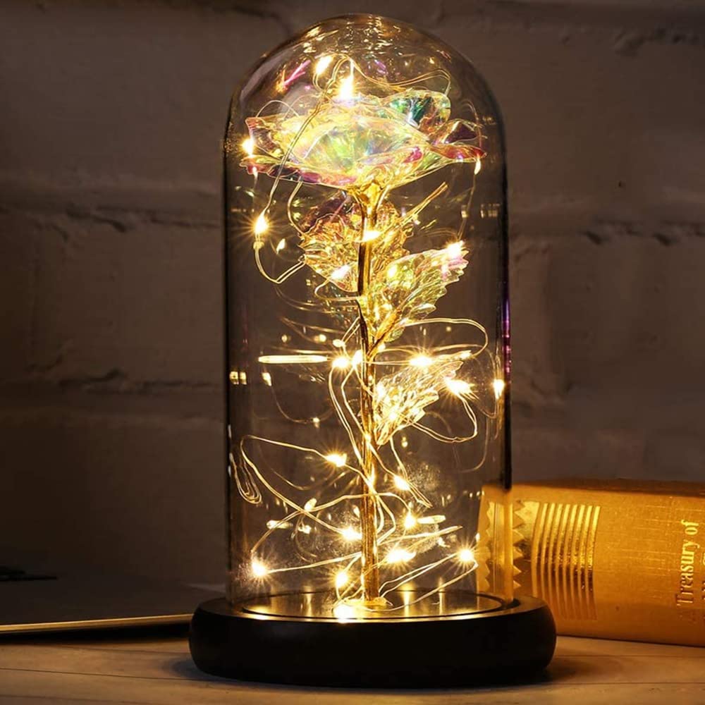 PASDTFB Enchanted Rose Galaxy Rose Beauty and the Beast Rose Kit and Led Light in Glass Dome on Base Forever Rose Flowers Home Decor for Valentine's Mothers Day Wedding Anniversary Birthday Gift