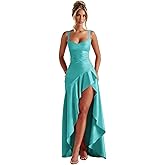 Lorencia Satin Mermaid Prom Dresses Ball Gown 2026 Ruffles Hi-Low Backless Long Formal Bridesmaid Dress with Slit