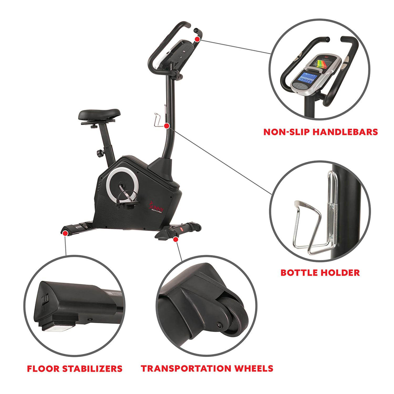 Sunny Health & Fitness Exercise Bike w/Pulse Sensors & Adjustable Cushion Seat, Home Cardio Training Machine for Adults/Seniors' Indoor Cycling Workout, Optional Compact Foldable or Electro-Magnetic
