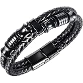 Rockyu Bracelet for Men Stainless Steel Genuine Leather Black Round Ring Double Layer Multi-Layer Braided Double Bracelet Genuine Leather Cool Accessories Leather