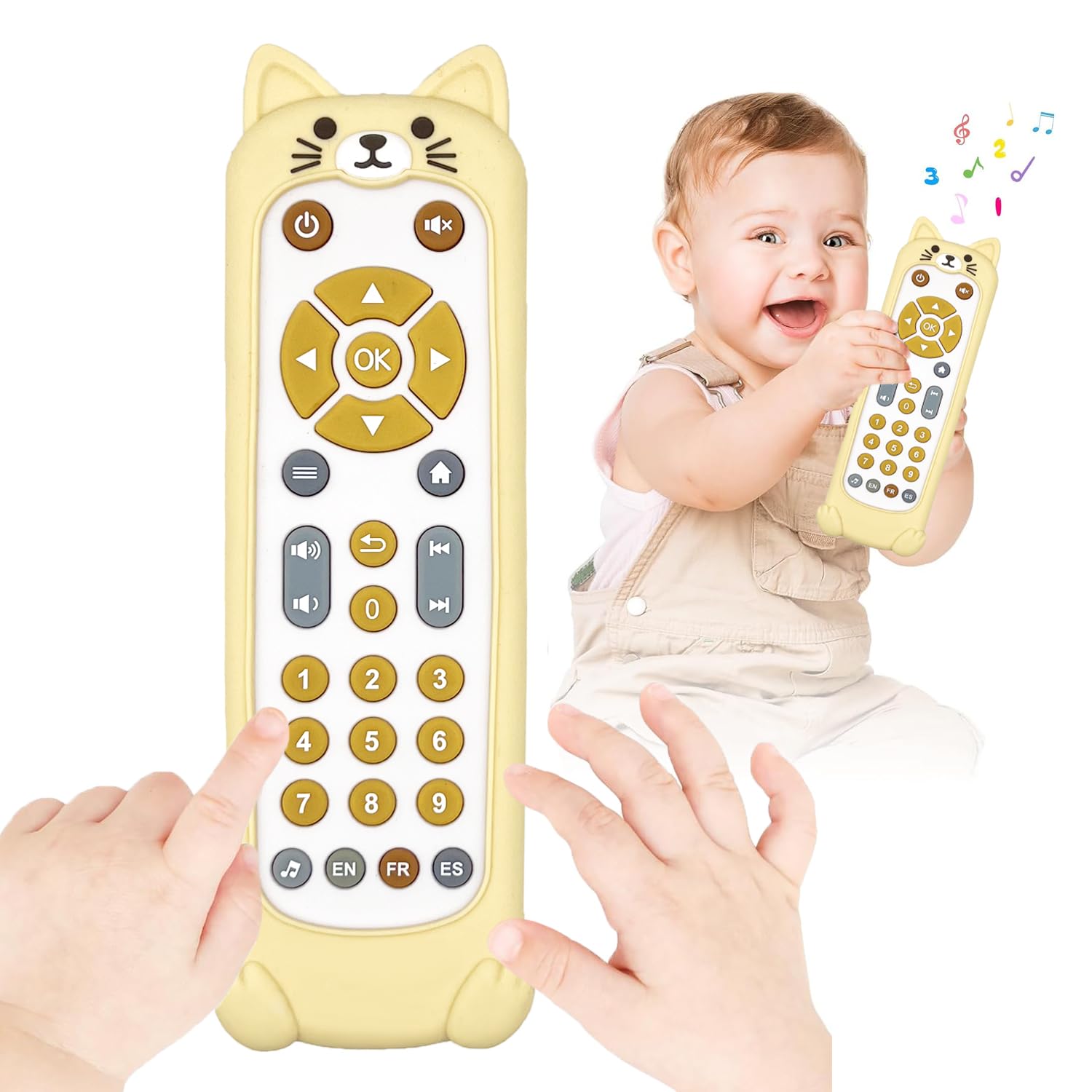 HAHAKIDZ Realistic Baby Infant Silicon Tv Remote Control Toy with Music and Light for Toddlers with Teeth Cover, Early Education with Numbers and Multi Languages for Boys and Girls (Cat)