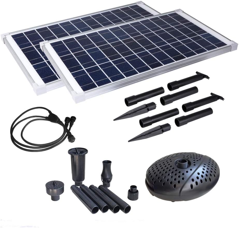 Powerful Twin Panel Solar Powered Fountain Pump Kit. NO Battery Included Requires Sun to Run. Complete kit with Three Fountain Patterns Included. USA Based Support (SF70 70W Max 898 GPH