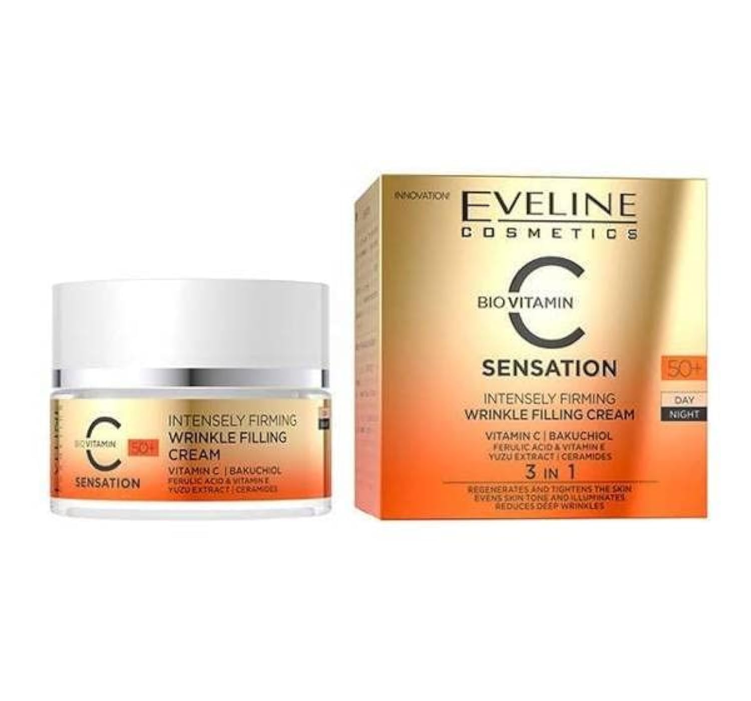 EVELINE Bio Vitamin C Sensation Face Cream Intensely Firming Wrinkle Reducing for All Complexion Types Antioxidant Regenerates & Brightens +50 for Day and Night 50 ml