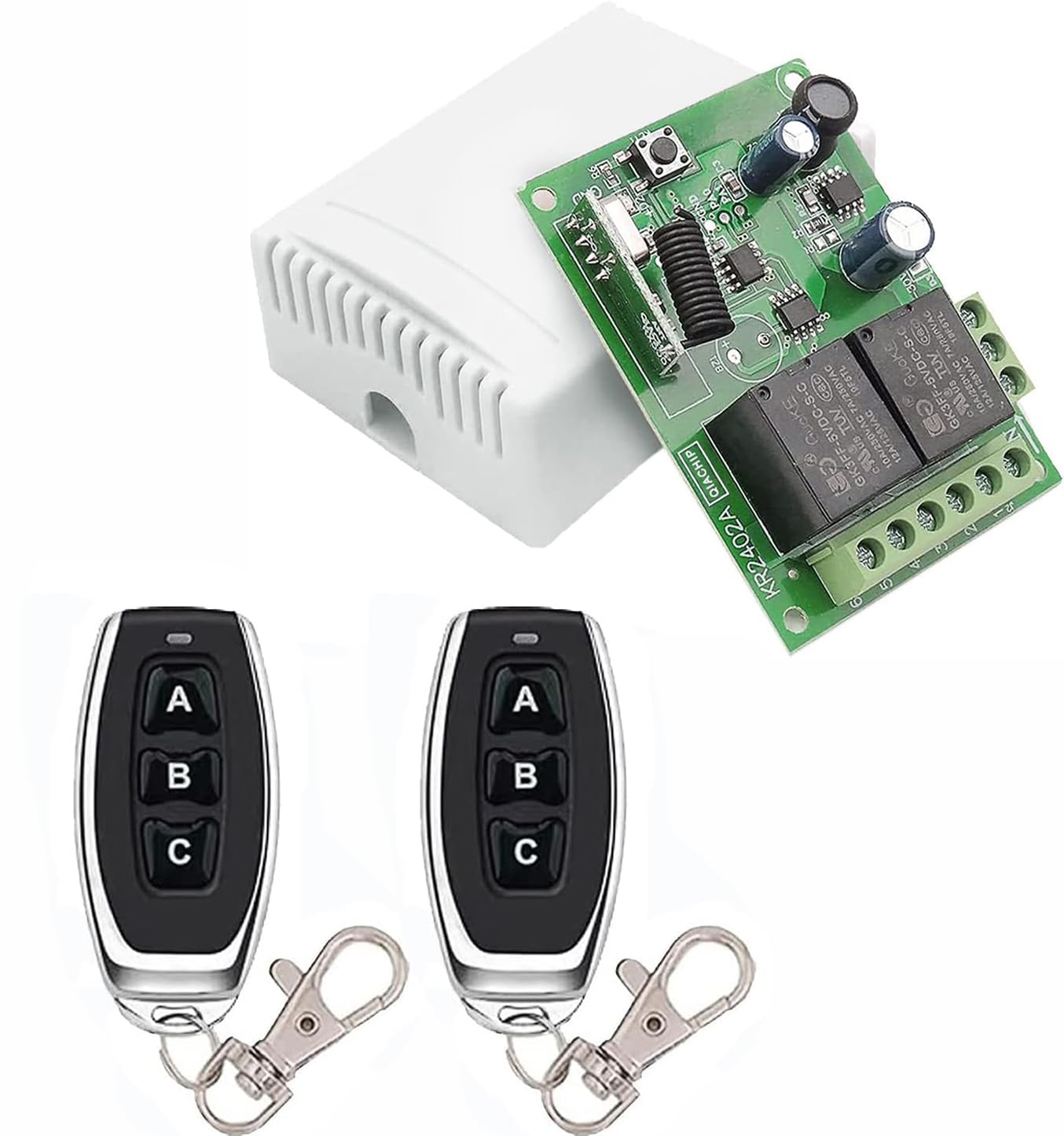 QIACHIP DC 12V 24V 433mhz Wireless Radio Remote Control Switch RF Relay Receiver Board 2CH 10A with 2 Transmitter Key fobs for Motor, Light, Gate door, DIY Controller