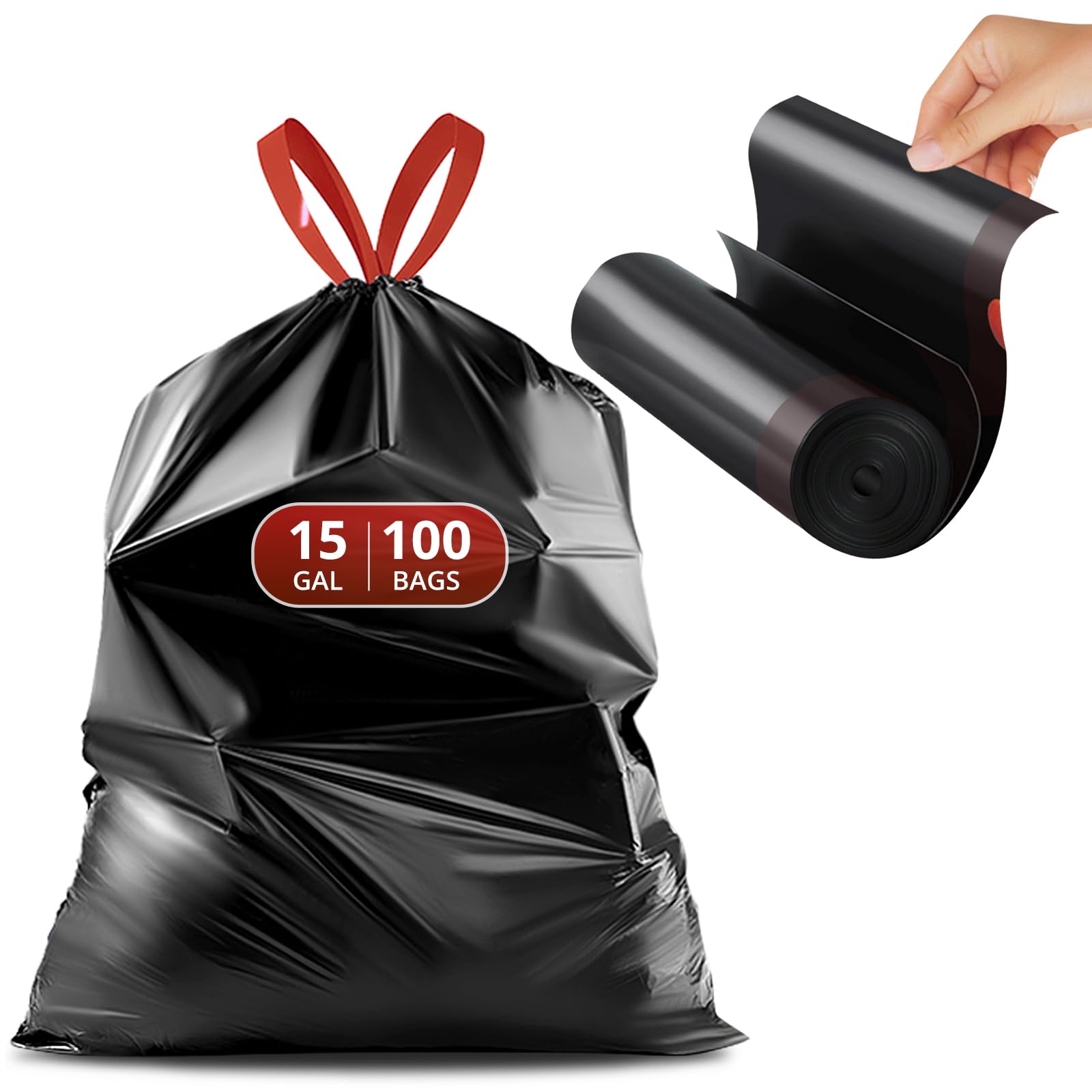 Photo 1 of glasho Pre-Separated Drawstring Trash Bags for 15 Gallon Trash Cans, 100 Count, Ultra Strong Black Tall Kitchen Garbage Bags, Tear-Free Large Trash Liners for Lawn & Yard