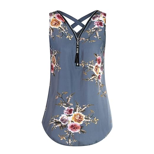 Wraluhen Frauen Tops Damen Lose Ärmelloses Trägershirt Kreuz Zurück Saum Gelegt Reißverschluss V-Ausschnitt T-Shirts Tops Dam