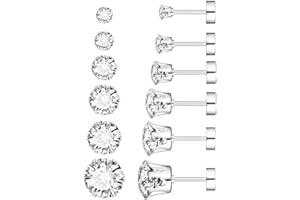 UHIBROS 6 Pairs Stainless Steel Stud Earrings Set Hypoallergenic Cubic Zirconia 14K White Gold 316L CZ Earrings