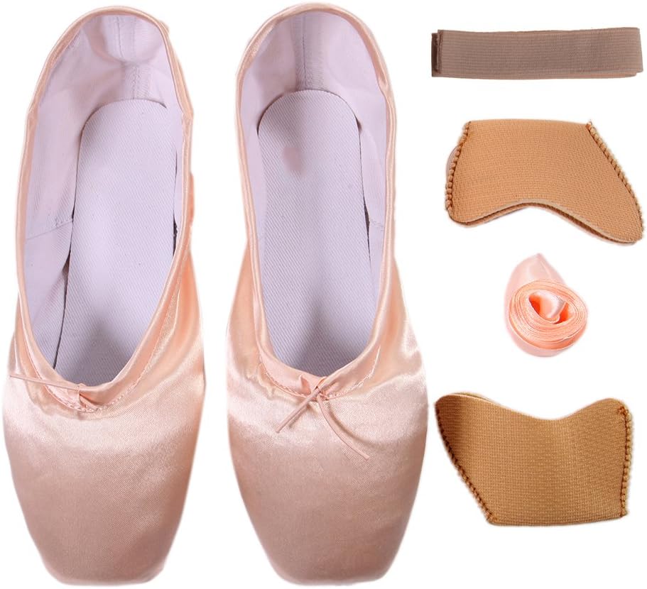 Girls Pointe Shoes Ballet Dance Toe Shoes for Professional Ladies Satin Pointe Shoes with Ribbon(Choose one Size Larger)