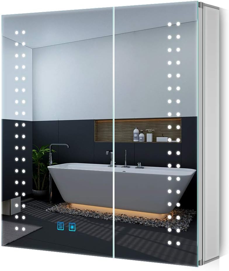 Quavikey Led Illuminated Bathroom Vanity Mirror Cabinet 2 Door Large Mirrored Cabinet Wall Mounted With Shaver Socket Full Demister Pad Adjustable Lights 630 X 650mm Amazon Co Uk Kitchen Home