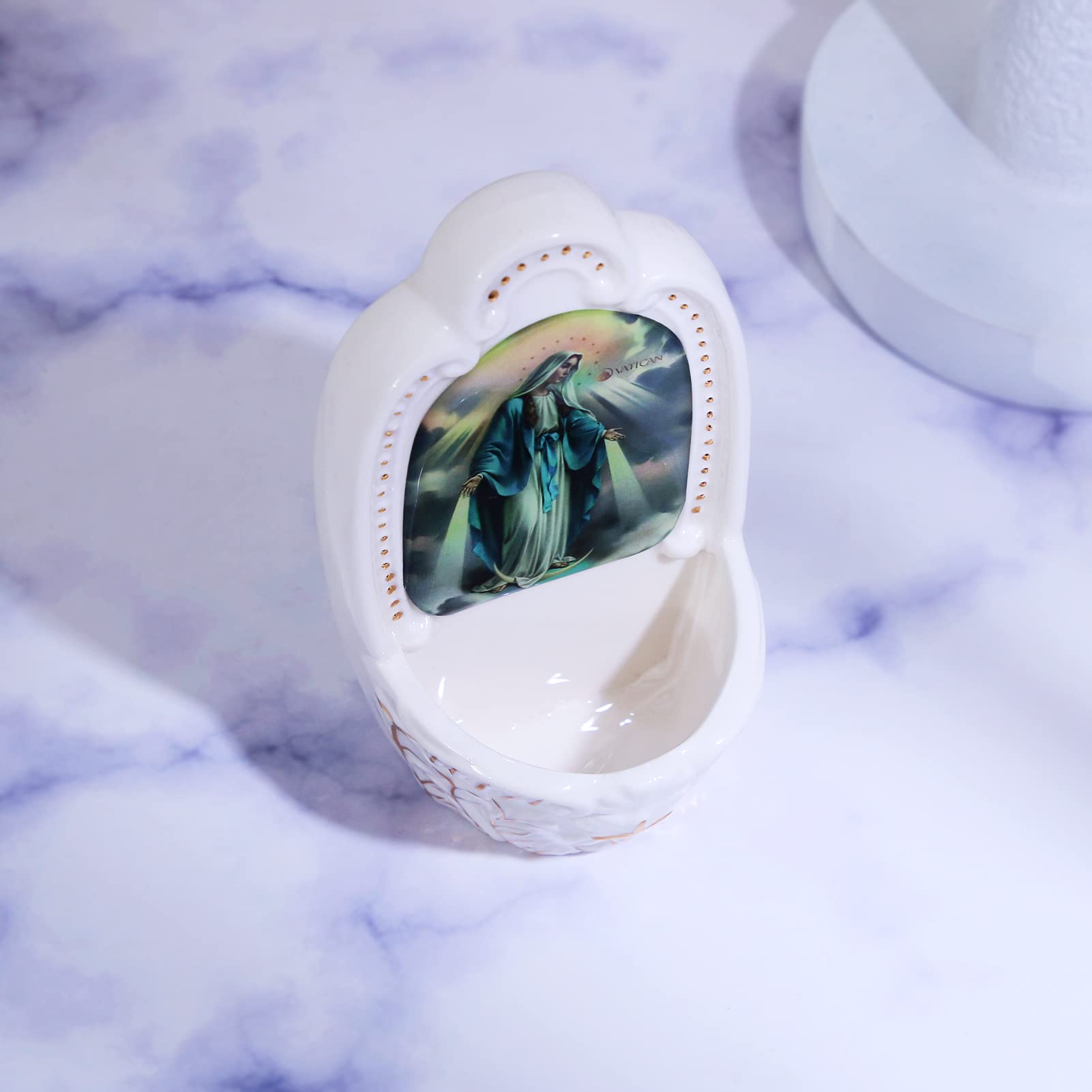 KOMI Porcelain Catholic Holy Water Font Virgin Mary Holy Water Font for Entrance of Home Church Wall Hanging Decor Great Gift for First Communion, Confirmation, or New Home, Catholic