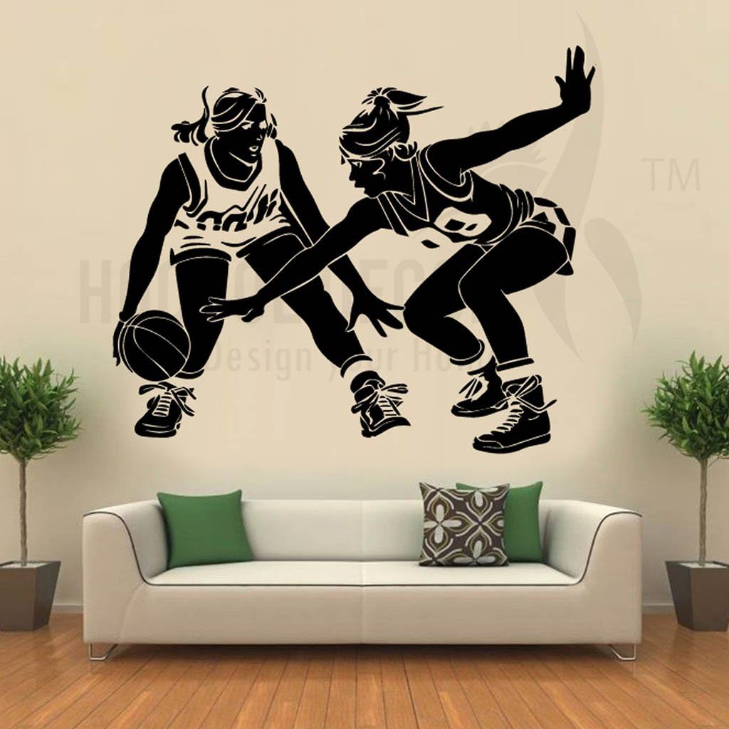 Hoopoe Decor 'Girls with Basket Ball Tricks' Wall Sticker (Vinyl, 48 cm X 0.2 cm x 56 cm, Black) - HDWS-0026-BX