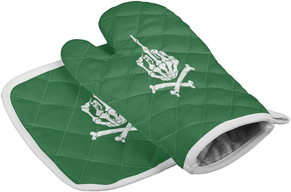 Skull Decor Oven Mitts and Potholders BBQ Gloves Simple White Skull Middle Finger on Green Background Oven Mitts Cotton Infill Non-Slip Cooking Gloves for Cooking Baking Grilling