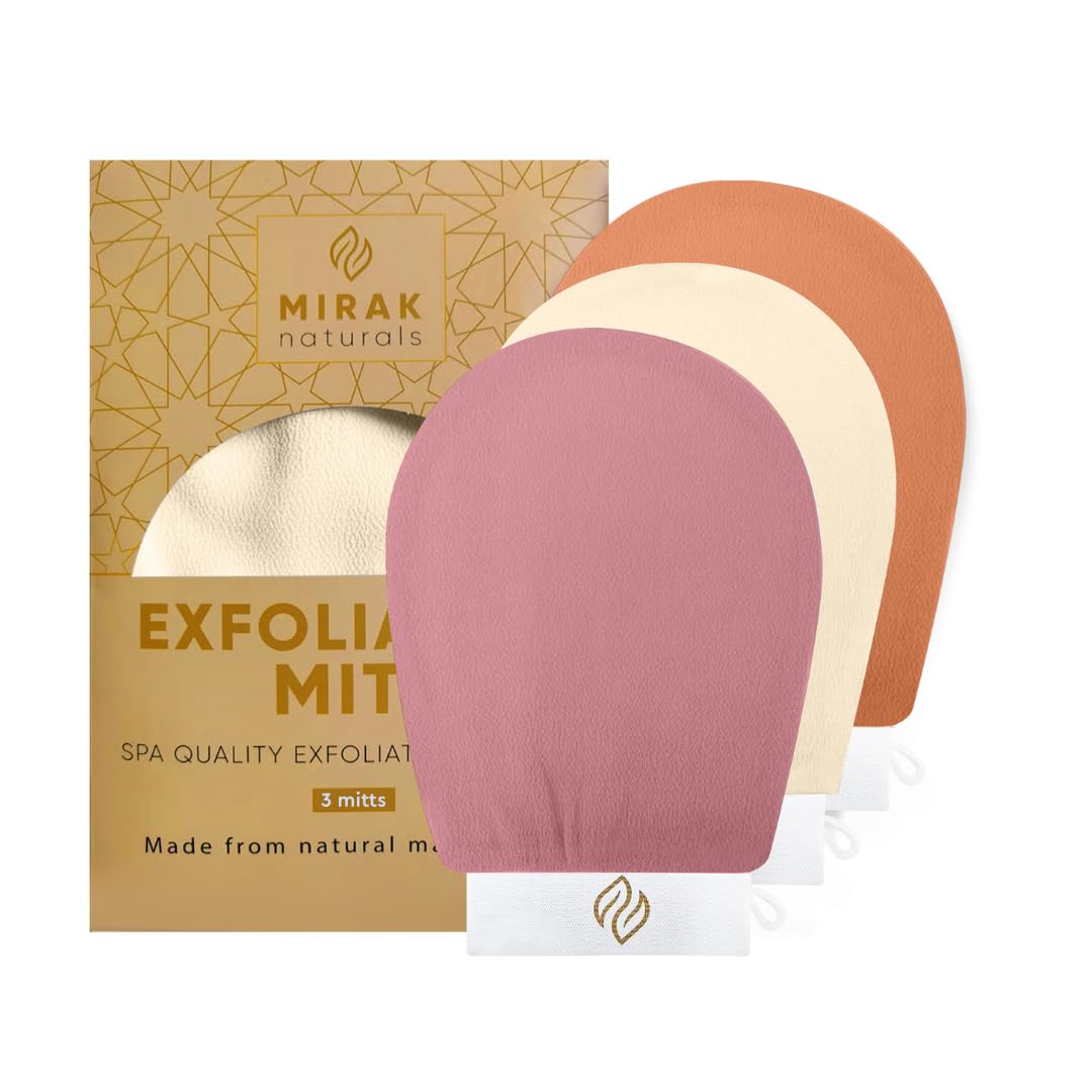 Mirak Naturals 3 Deep Exfoliating Mitts Body Scrub for Soft Skin - Exfoliating Glove & Skin Cleanser Spa Hammam Fake Tan Remover, Double-Sided Deep Exfoliation Scrubbing Mitt, Shower Gloves