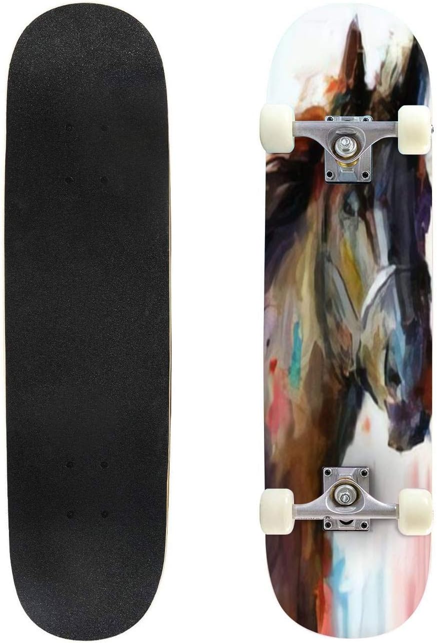 Psychedelic Horse Illustration Outdoor Skateboard 31"x8" Pro Complete Skate Board Cruiser 8 Layers Double Kick Concave Deck Maple Longboards for Youths Sports