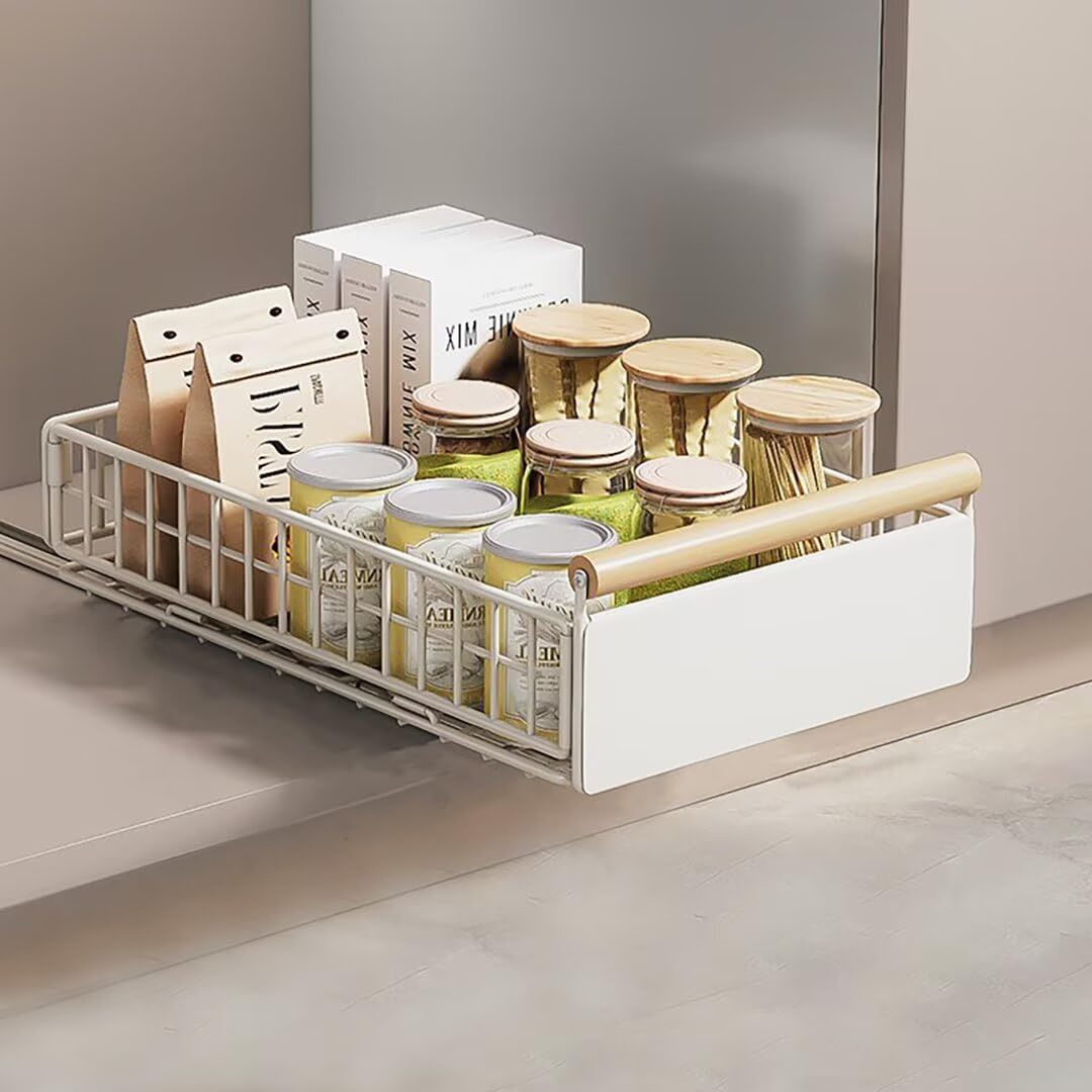 Pull Out Cabinet Organiser, pull out kitchen storage Foldable, 23.5*11*39.5~56.5cm, Kitchen Cupboard Organiser with Handle, No Drill Adjustable Drawers, Slide Out Drawers for Kitchen Cabinets, White