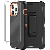 RubCase for iPhone 13 Pro Max Case with Belt Clip Holster, 2 x Screen Protector, Military Grade Drop Protection Heavy Duty Full Body Shockproof Rugged Protective Cover for iPhone 13 Pro Max Orange