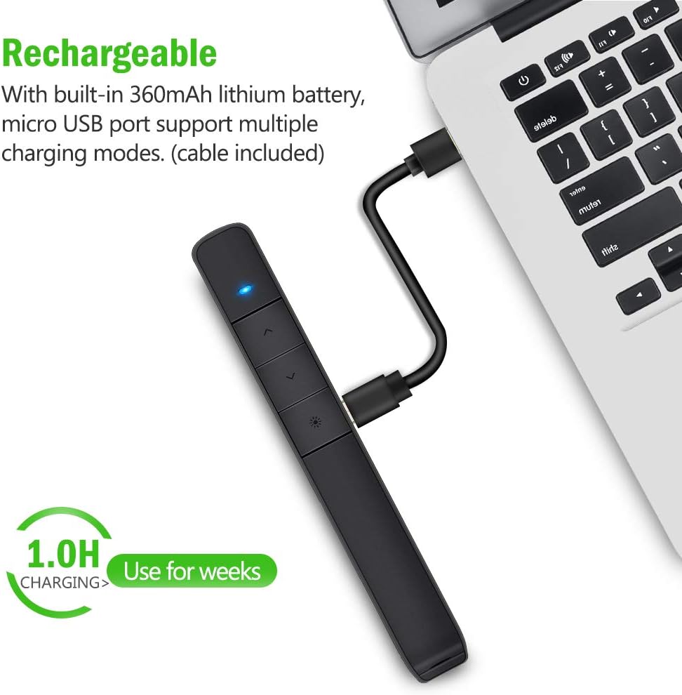 Dinofire Presentation Clicker Green Light Pointer USB Rechargeable Wireless Presenter PowerPoint Clicker Hyperlink Presentation Remote Control Slide Advancer RF 2.4GHz For Keynote / Mac / PC / Laptop : Electronics