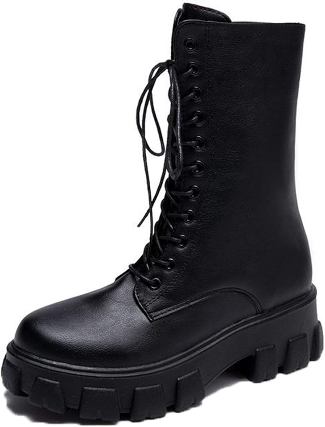 Women Platform Leather Boots Waterproof Warm Round Toe Lace up Casual