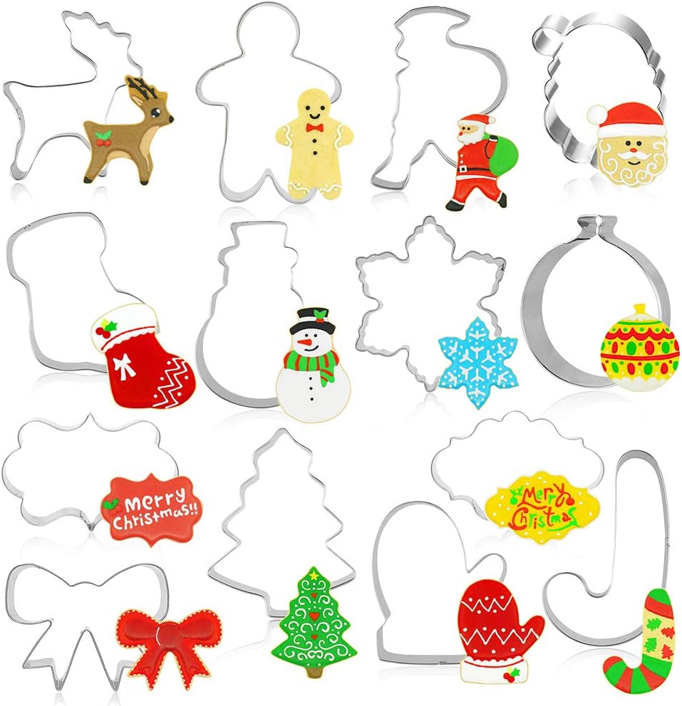 Hangnuo 14 Set Christmas Cookie Cutters Stainless Steel Plaque Fondant Molds for Christmas Party Decoration Biscuit, Fondant Cake, Dough, Clay, Fruit, Bread