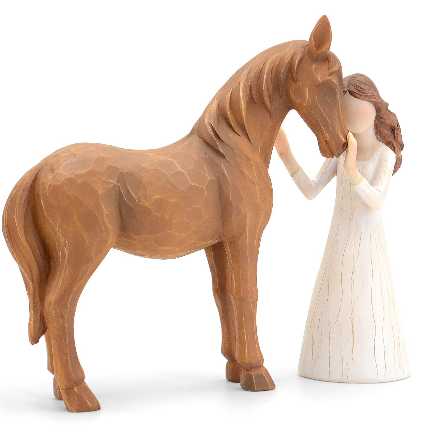 Horse Lovers Women - Girl Embraces Horse Figurine, Hand-Painted Resin Decor, Cowgirl Gifts
