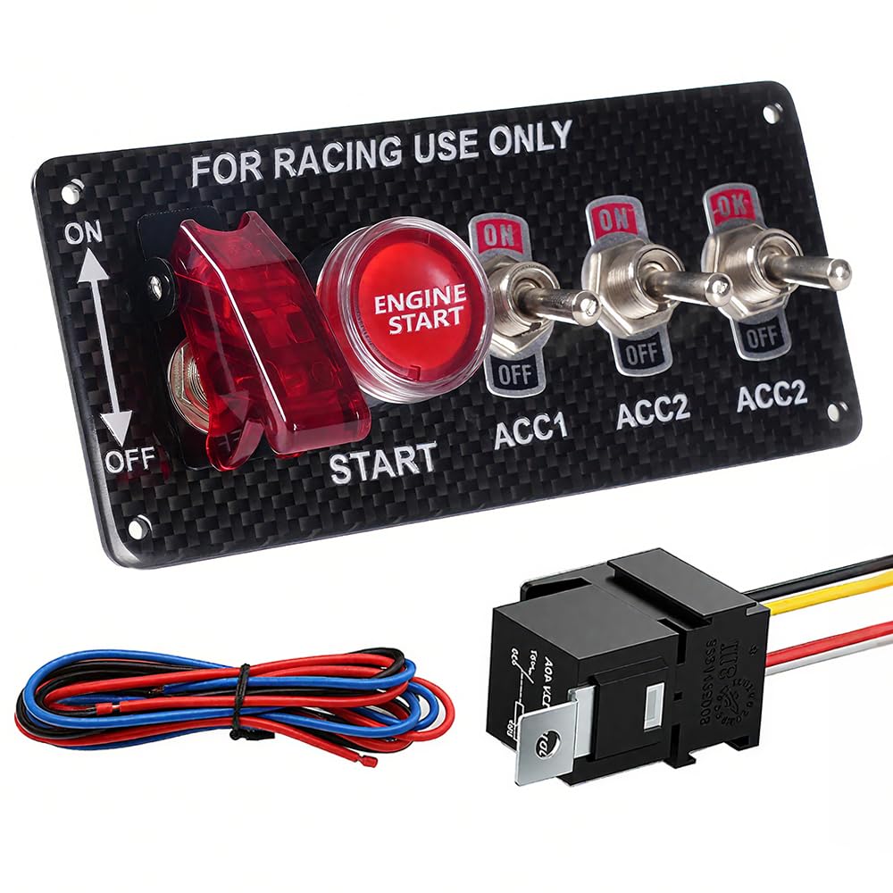 Photo 1 of BARTOO Racing Car Ignition Switch Panel, DC 12V 5 in 1 Car Engine Start Push Button Carbon Fiber LED Toggle Switches for Racing Car Truck