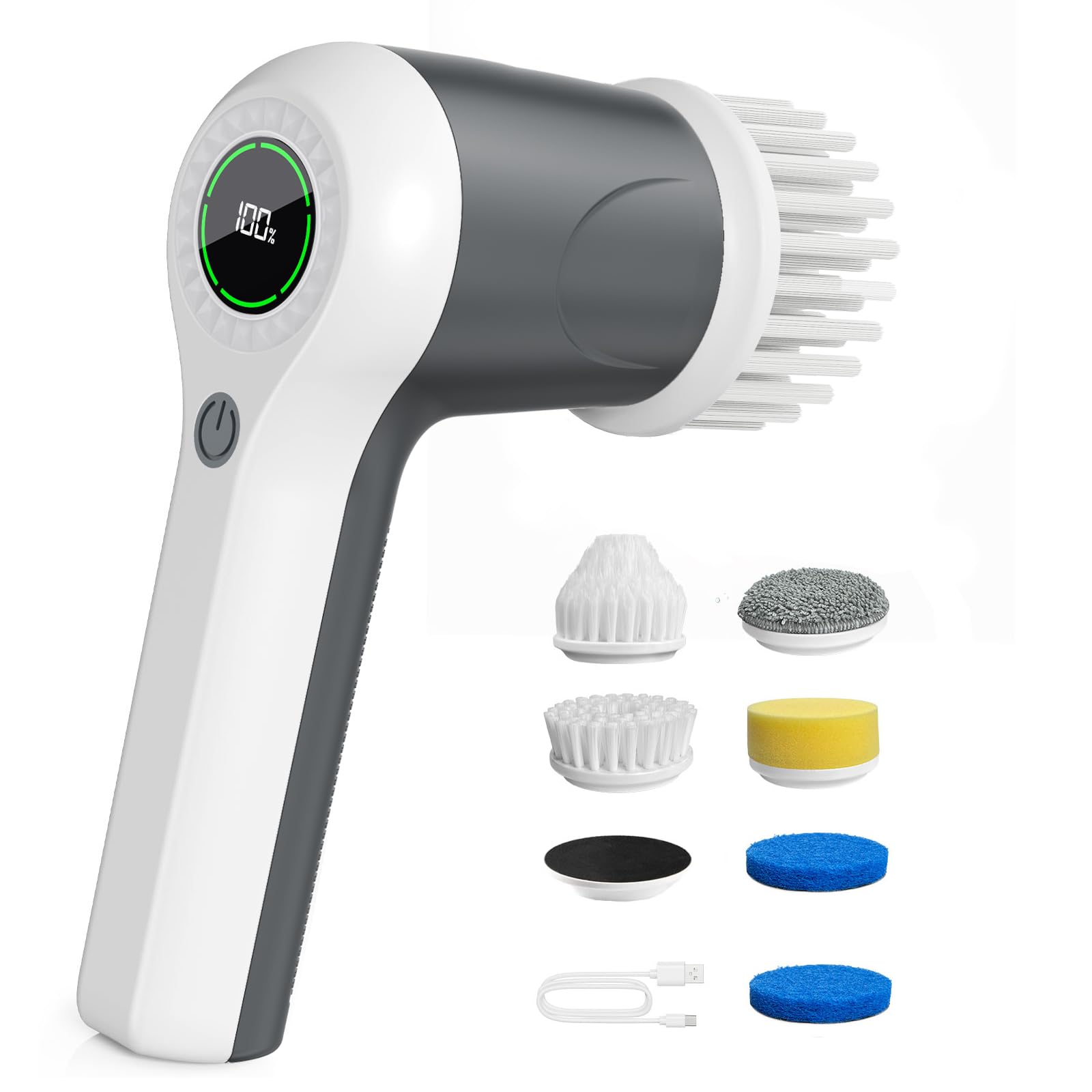 Photo 1 of PUFTEM Electric Spin Scrubber, Cordless Shower Scrubber with Battery Level Display, 2 Speeds Electric Scrubber for Cleaning with 6 Replaceable Heads, Cleaning Brush for Bathroom/Sink/Window (Gray)