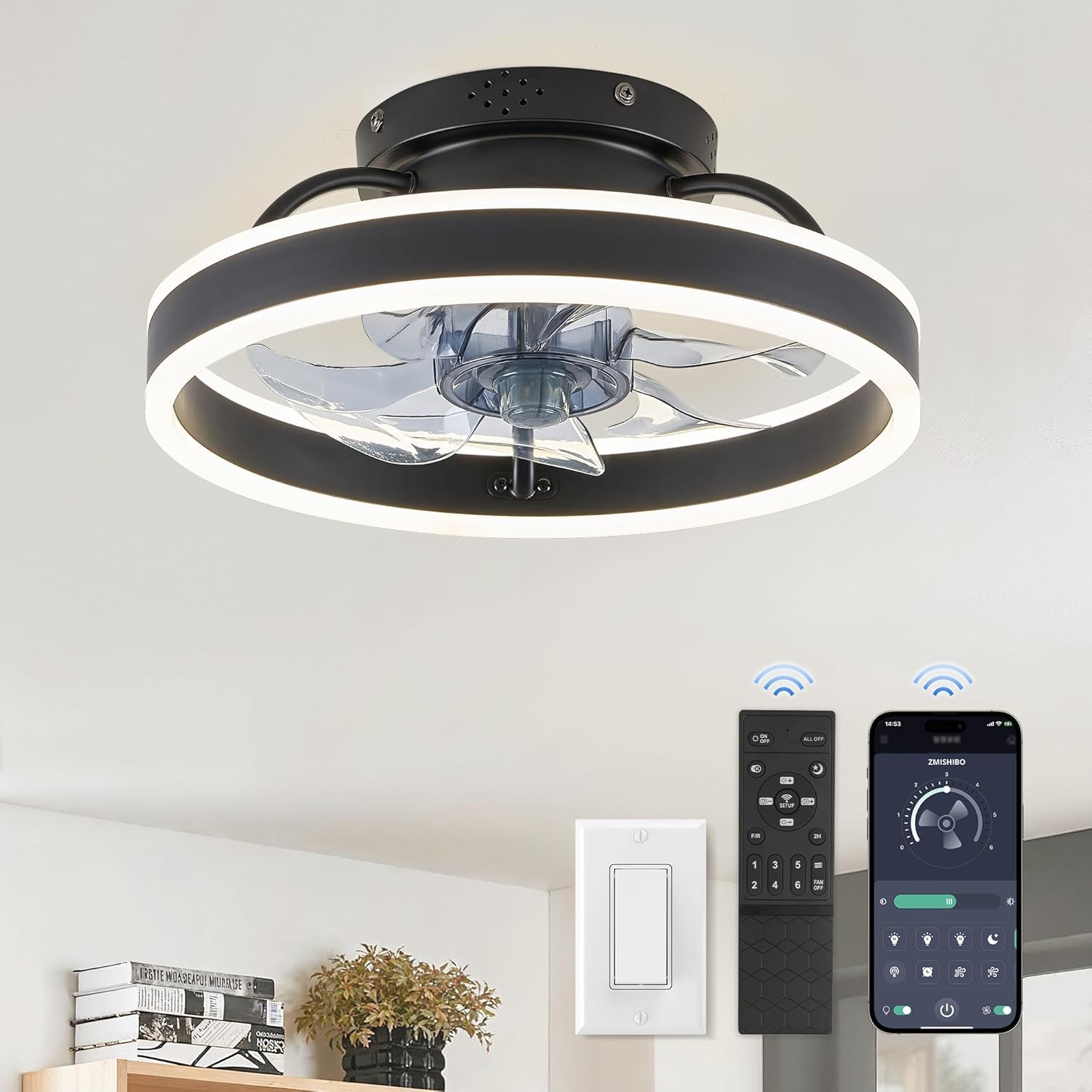 Photo 1 of ZMISHIBO Low Profile Ceiling Fans with Lights and Remote, 13 Inch Fandelier Ceiling Fan with Light, Black Modern Flush Mount Ceiling Fan, Small Dimmable LED Fan Lights for Bedroom