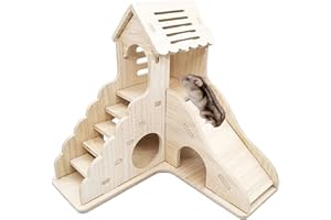 Sirvarni Hamster Hideout Cage Accessories - Hamster House and Habitat Wooden Hide Hut with Climbing Ladder and Slide for Dwarf Gerbils and Mouse Mice Rat Other Small Animals etc.