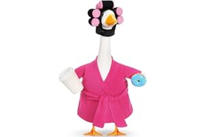 Shyyween Winter Goose Outfit Christmas Lady Porch Goose Outfit for 23'' Cement Plastic Geese Statue Clothes Hot Pink Bathrobe Curlers Coffee Cup for Outdoor Garden Lawn Yard Patio Decoration