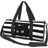 Gbuzozie Cute Cat On Black And White Striped Background Sports Gym Bag Travel Duffel Bag Shoes Compartment For Men Women Foldable Lightweight Yoga Gym Sports Bag