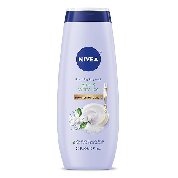 NIVEA REFRESHING BASIL AND WHITE TEA BODY WASH WITH NOURISHING SERUM, SCENTED BODY WASH FOR WOMEN, ENRICHED WITH PROVITAMIN B5 AND VITAMIN E, 20 FL OZ BOTTLE