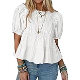 LAYOGAS Womens Peplum Babydoll Tops Summer Puff Sleeve Blouse Loose Fit Ruffled Hem T-Shirt