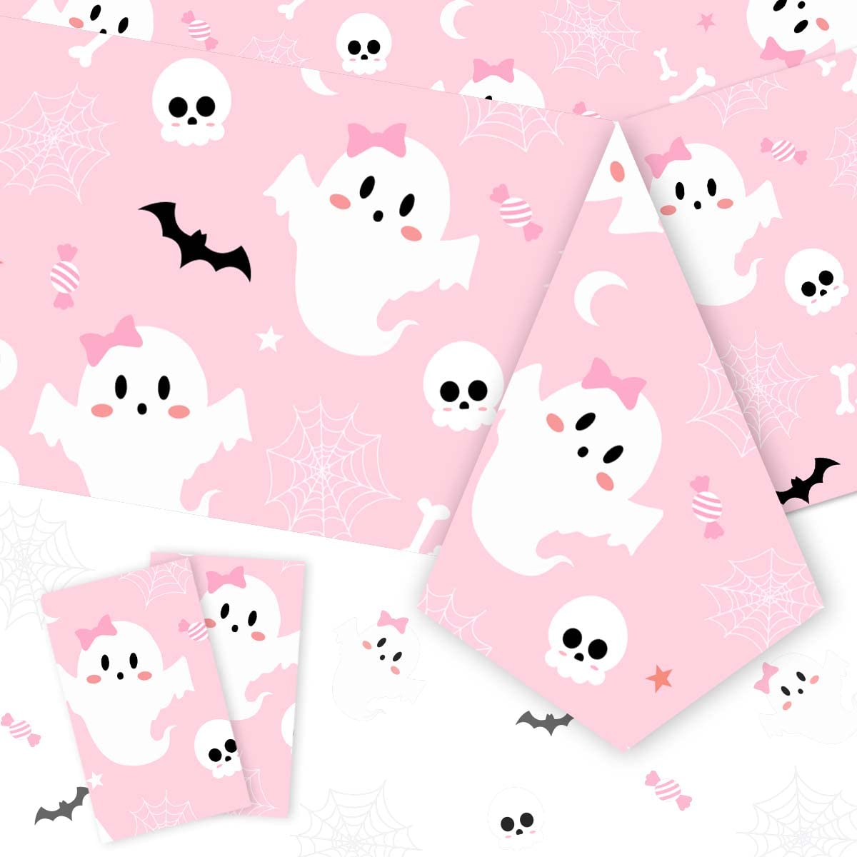 Photo 1 of 2PCS Pink Halloween Tablecover - 8.95 * 4.26ft, Water-Resistant, Ghost & Bat, Rectangular Skulls & Spider Web Pattern for Dinner Party Decoration