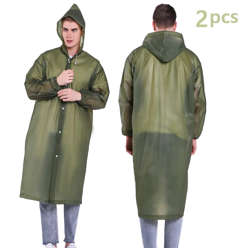 Luoistu Reusable Rain Ponchos, EVA Waterproof Raincoat with Drawstring Hood and Long Sleeves; Emergency Poncho (145cm / 57inch) for Travel, Festivals, Theme Parks and Outdoors (Army green(2 Pack))