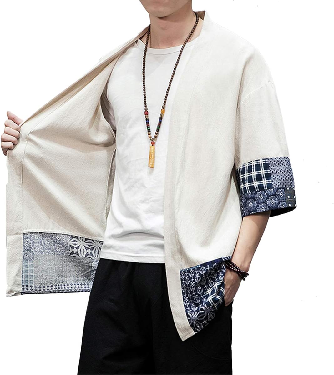 PRIJOUHE Men's Kimono Jackets Cardigan Lightweight Casual Cotton Blends Linen Seven Sleeves Open Front Coat Outwear at  Men’s Clothing store
