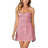 Rooscier Women's Spaghetti Strap Lace Satin Slip Nightwear Party Mini Dress Dusty Pink Large