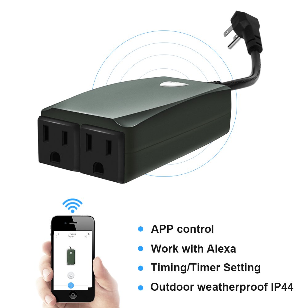 Outdoor Smart WIFI Plug Socket Outlets Compatible with Alexa(1 In 2 Out), Timing, Countdown, Remote Control,Weatherproof IP44 (Wireless standard Wi-Fi 2.4GHz)