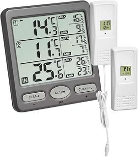 TFA Dostmann Trio Funk-Thermometer, mit 2 Sendern, wasserdichter Kabelsensor, ideal für Kühlgeräte/Aquarium/Pool