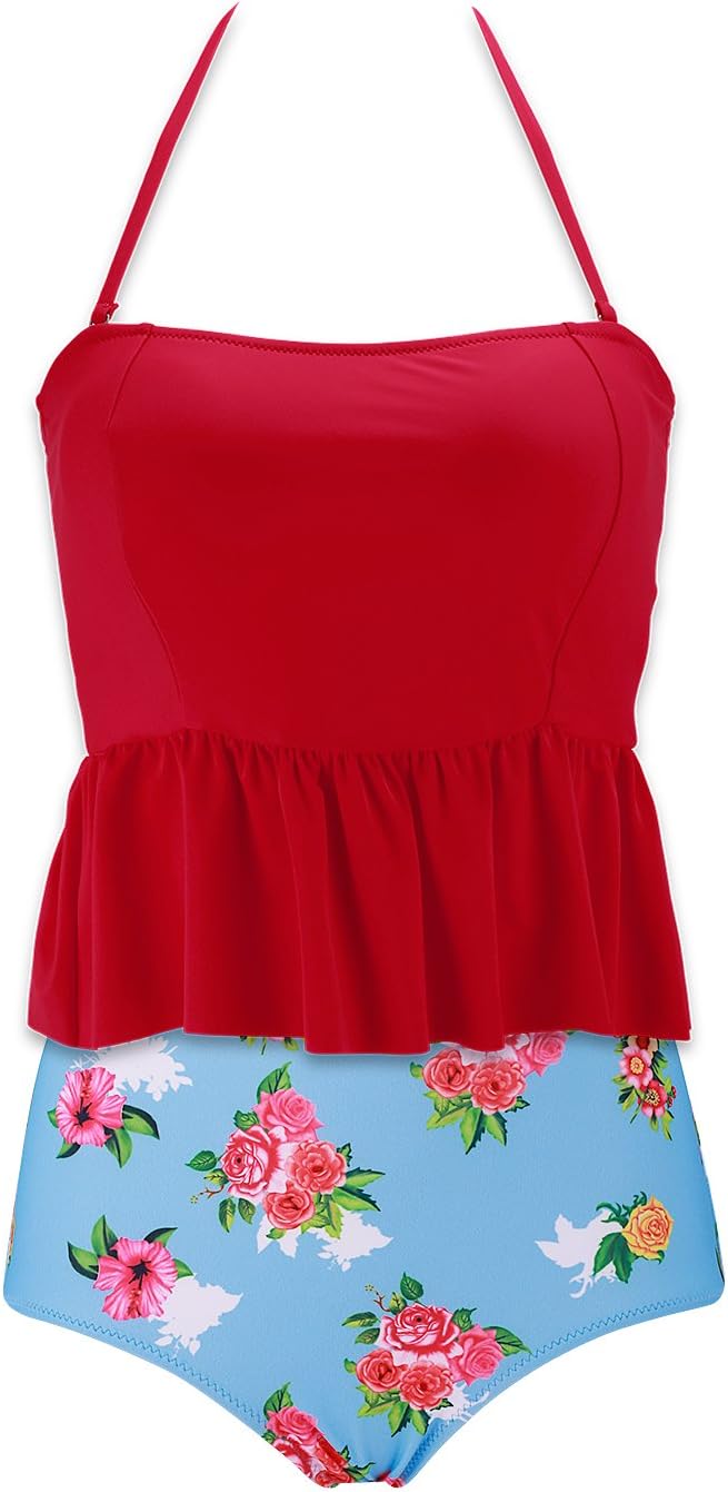 BANDEA Women's Bikini 2 Piece Padded Halter Tankini Swimsuit High Waist Swimwear, Red Flower, XXX-Large