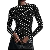 Milumia Women's Polka Dots Ruched Mesh Top Y2k Boat Neck Long Sleeve Going Out Tee Tops