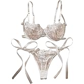 Verdusa Women's 2 Piece Floral Lace Bow Lingerie Set Embroidery Sheer Push Up Bra with Tied Side Thong