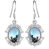 Black Cat Earrings for Women 925 Sterling Silver Black Cat Dangle Earrings Moonstone Cat Earrings Halloween Black Cat Jewelry Gifts for Women